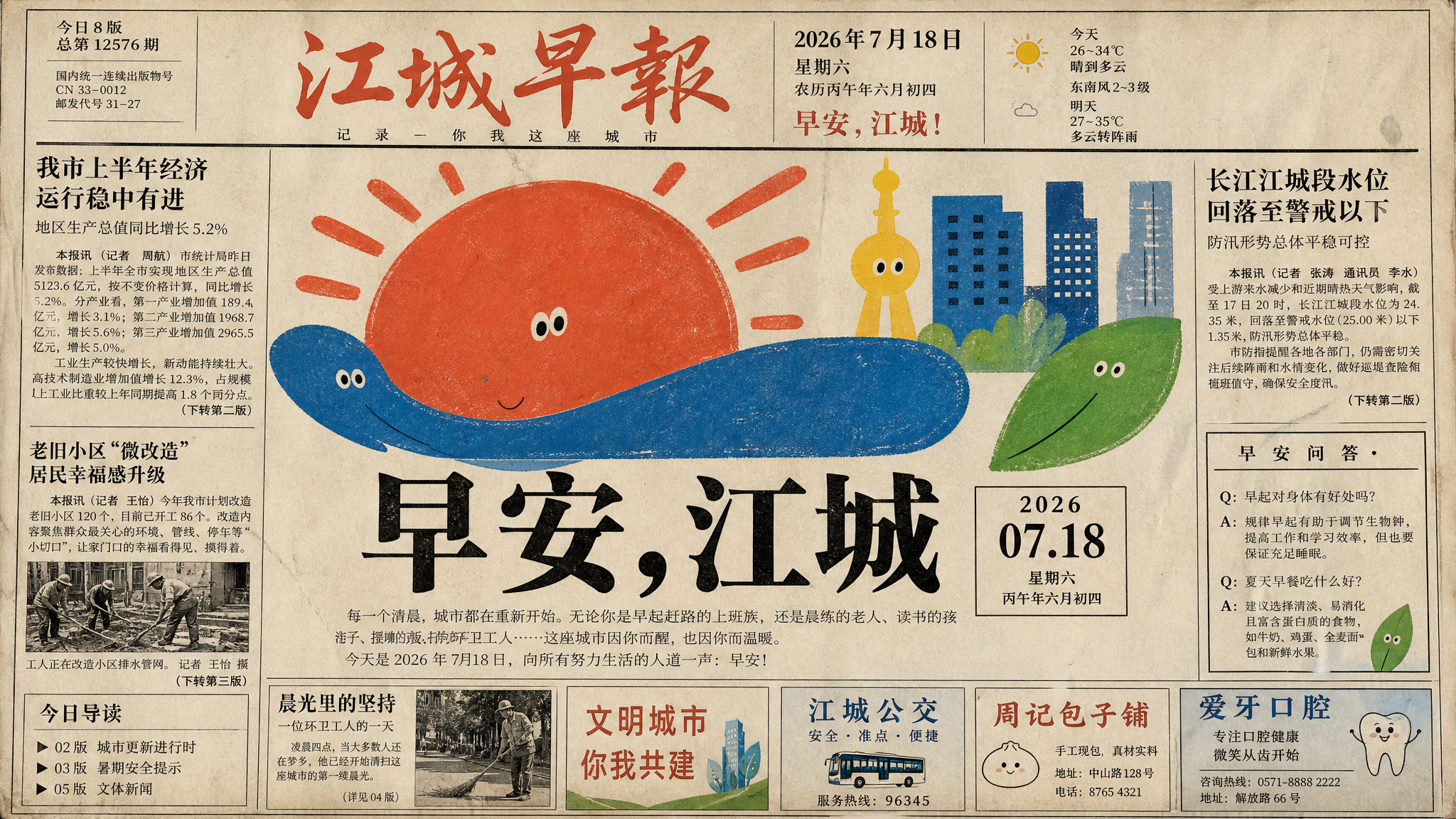 #164 旧报纸头版·扁平插画·童趣告示